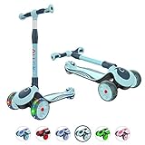 Allek F01 Folding Kick Scooter for Kids, 3-Wheel LED Flashing Glider Push Scooter with Height Adjustable and Foldable Handlebar, Dual Color Anti-Slip Wide Deck for Boys Girls 3-12 (Green)